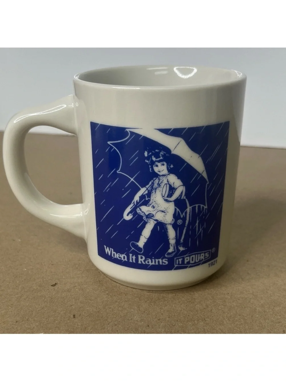 Vintage Morton’s Salt Blue & White 'When It Rains It Pours' 1921 Advertising Mug